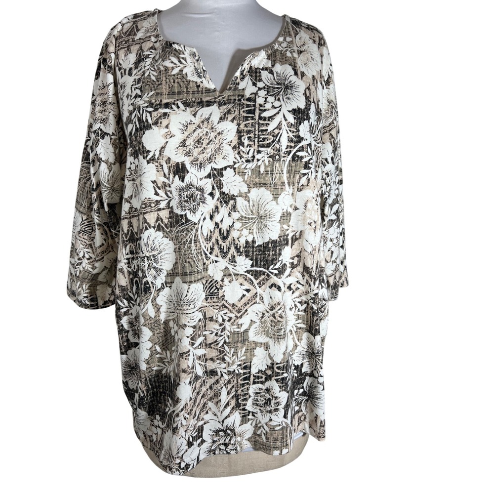 Woman Within Floral Batik Tunic Top Womens 1X 22/24 Black Beige 3/4 Slv‎ V-Neck